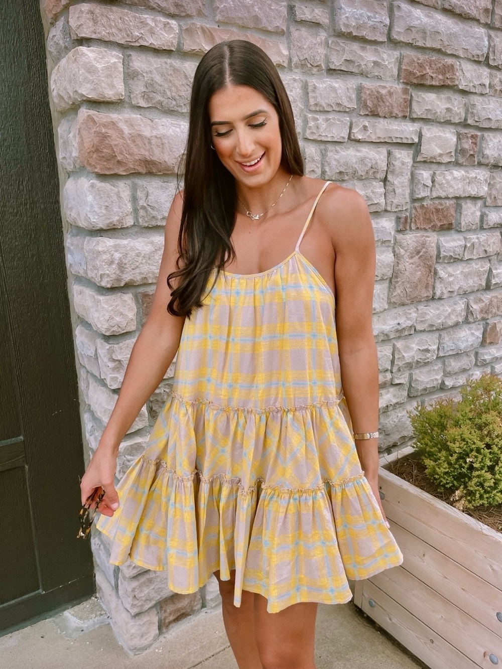 dRA Anthropologie Yellow Plaid Swing Mini Spaghetti Strap Sundress Summer Beach